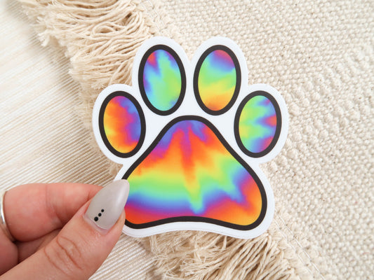 CLEARANCE - Rainbow Tie Dye Paw Print Waterproof Vinyl Sticker