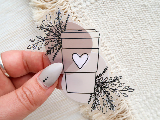 SECONDS - Takeaway Coffee Cup And Leaves Waterproof Clear Vinyl Sticker