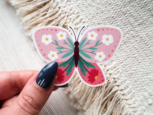 CLEARANCE - Pink Floral Butterfly Waterproof Glossy Vinyl Sticker